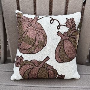 Pumpkin Patch Beaded Gold Pumpkin Throw Pillow Fall Thanksgiving Decor 12" x 12"